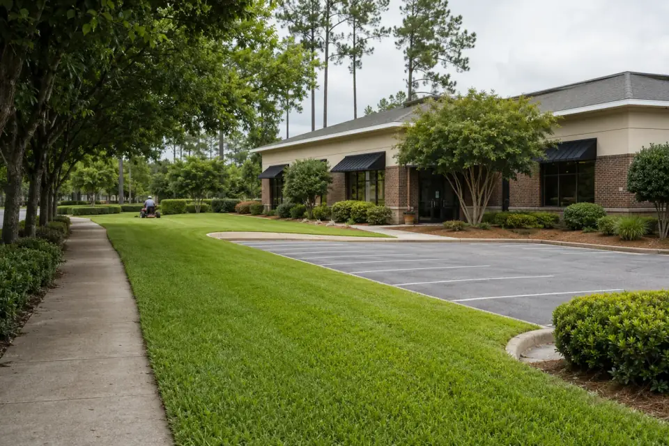 Representative commercial grounds with maintained lawn and landscaped borders